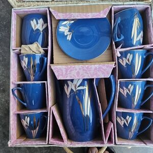 Vintage White Lily Blue Floral Tea Set